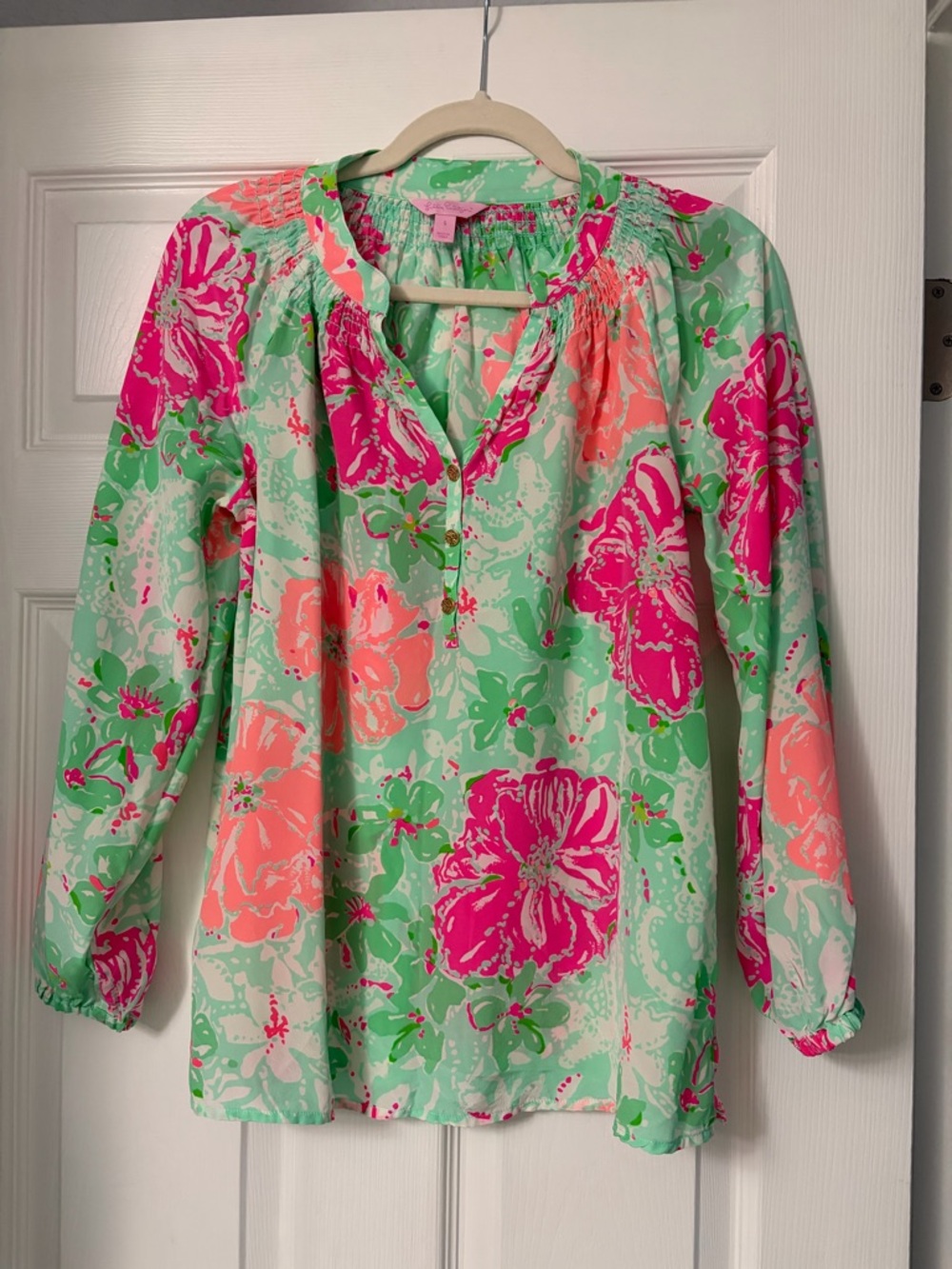 Lilly Pulitzer Floral Henley Blouse in Mint, Hot Pink & Coral